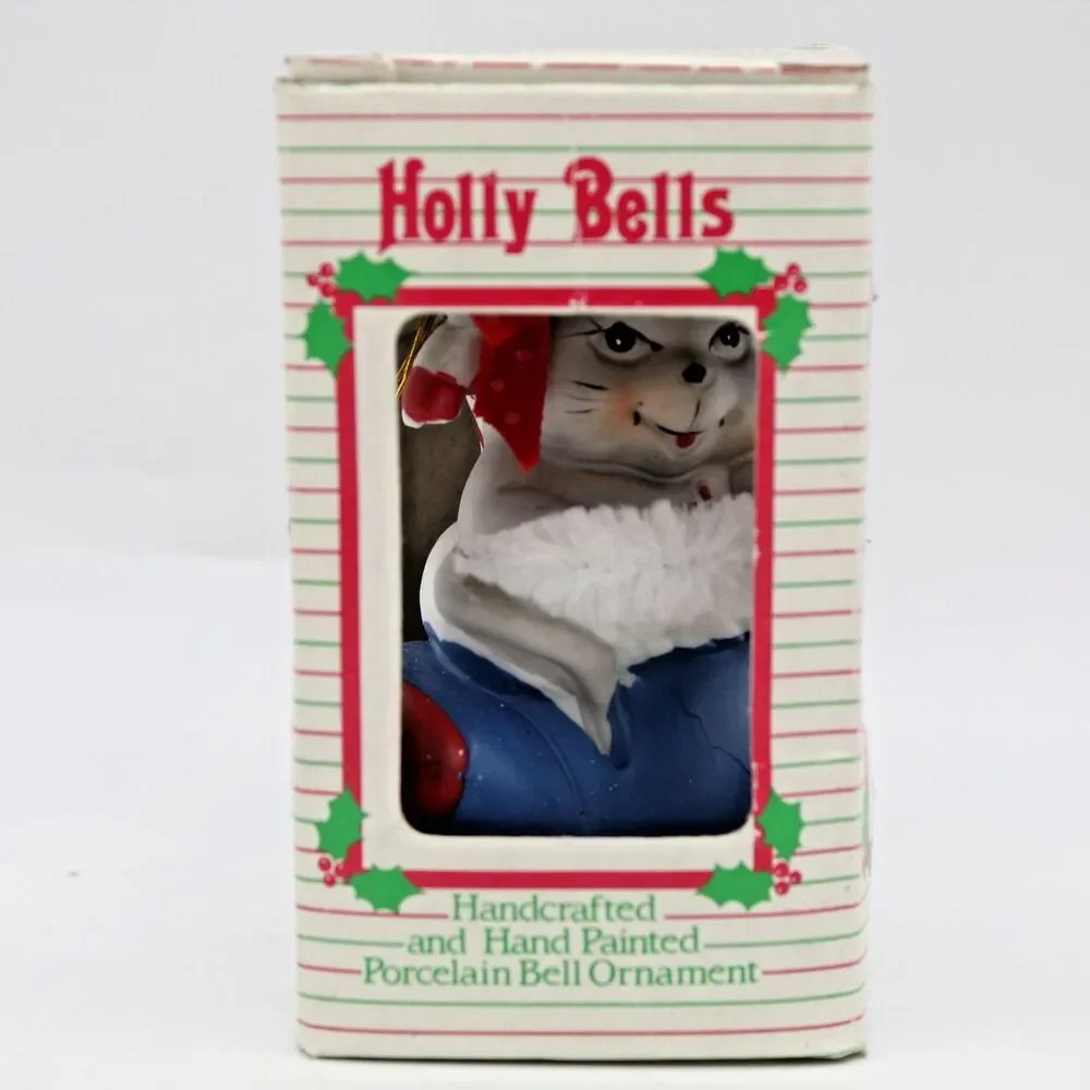 Holly Bells Porcelain Mouse Stocking Bell Ornament Vintage 1986 Original Box a